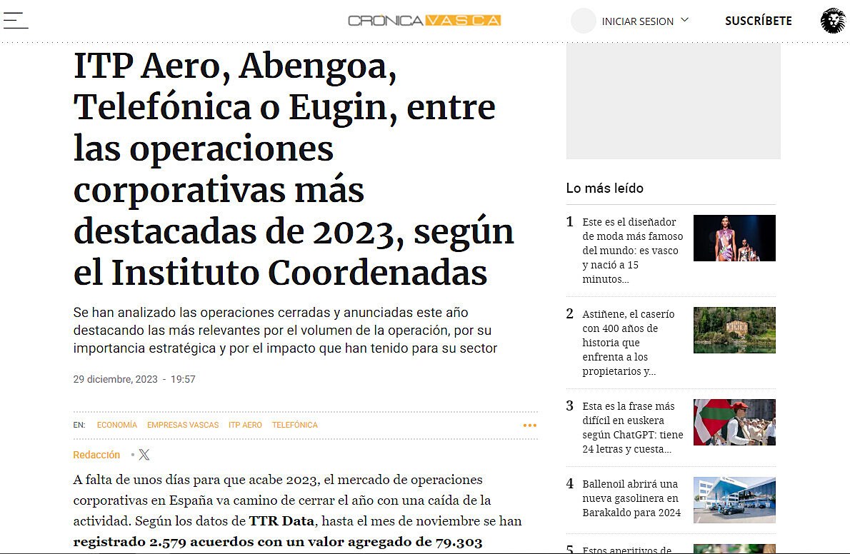 ITP Aero, Abengoa, Telefnica o Eugin, entre las operaciones corporativas ms destacadas de 2023, segn el Instituto Coordenadas